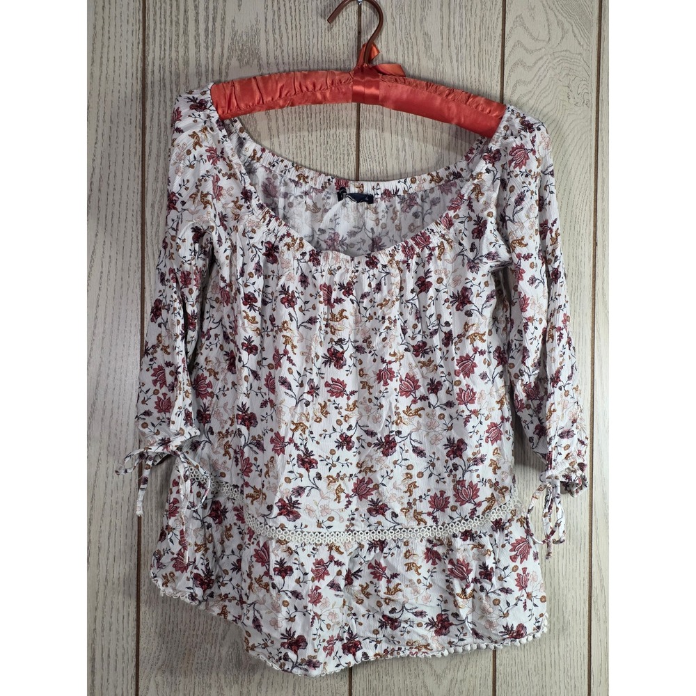 American Eagle Floral Peasant Top Womens Medium Boho Off Shoulder Peplum Blouse